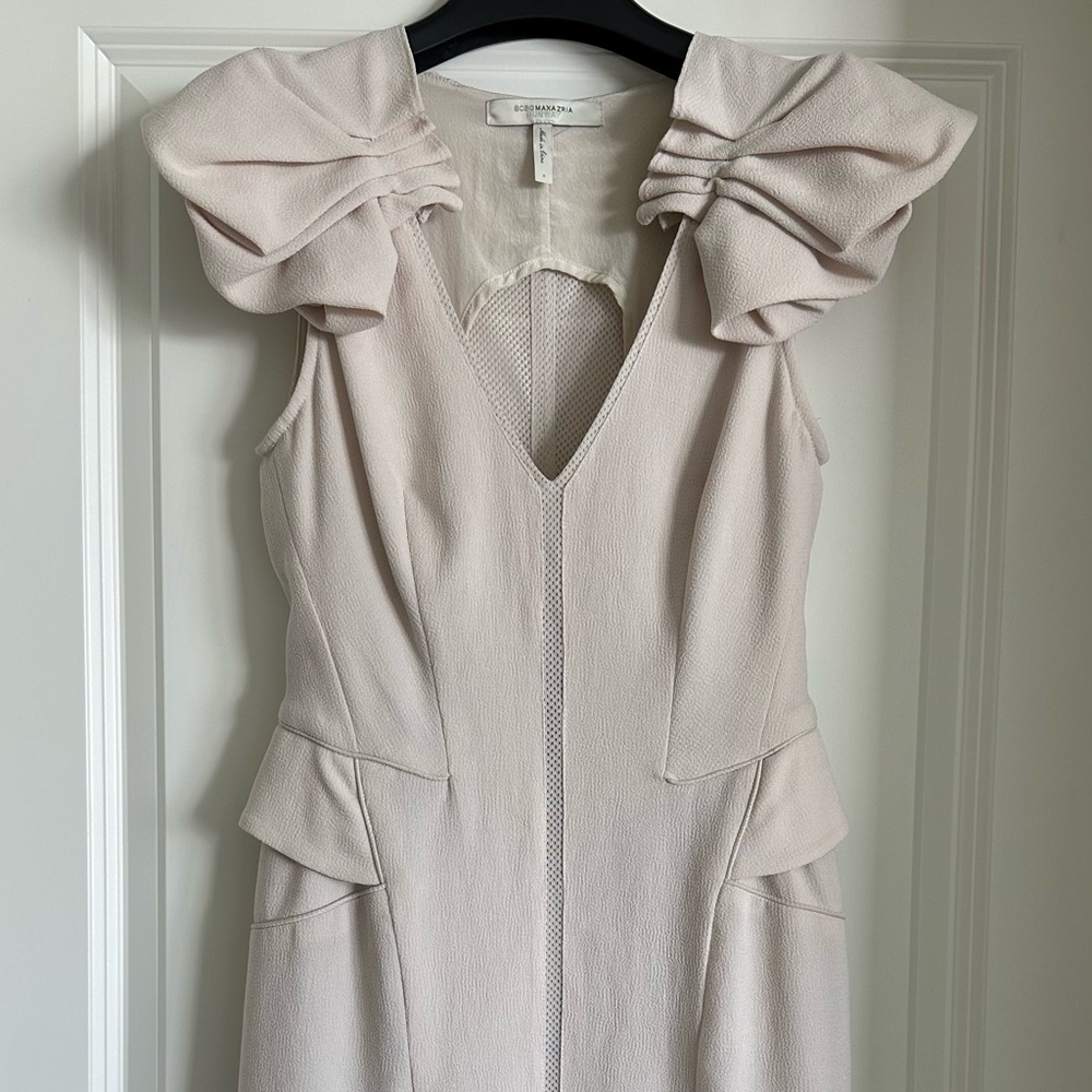 BCBGMaxAzria Blush Cream Mini Dress with Ruffled Shoulders